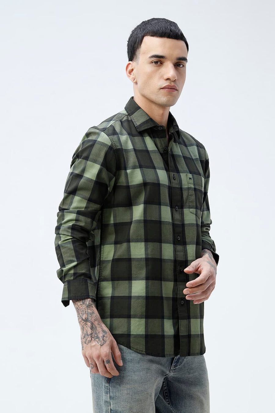 BASICS SLIM FIT  COTTON HERRING BONE CHECKS SHIRT