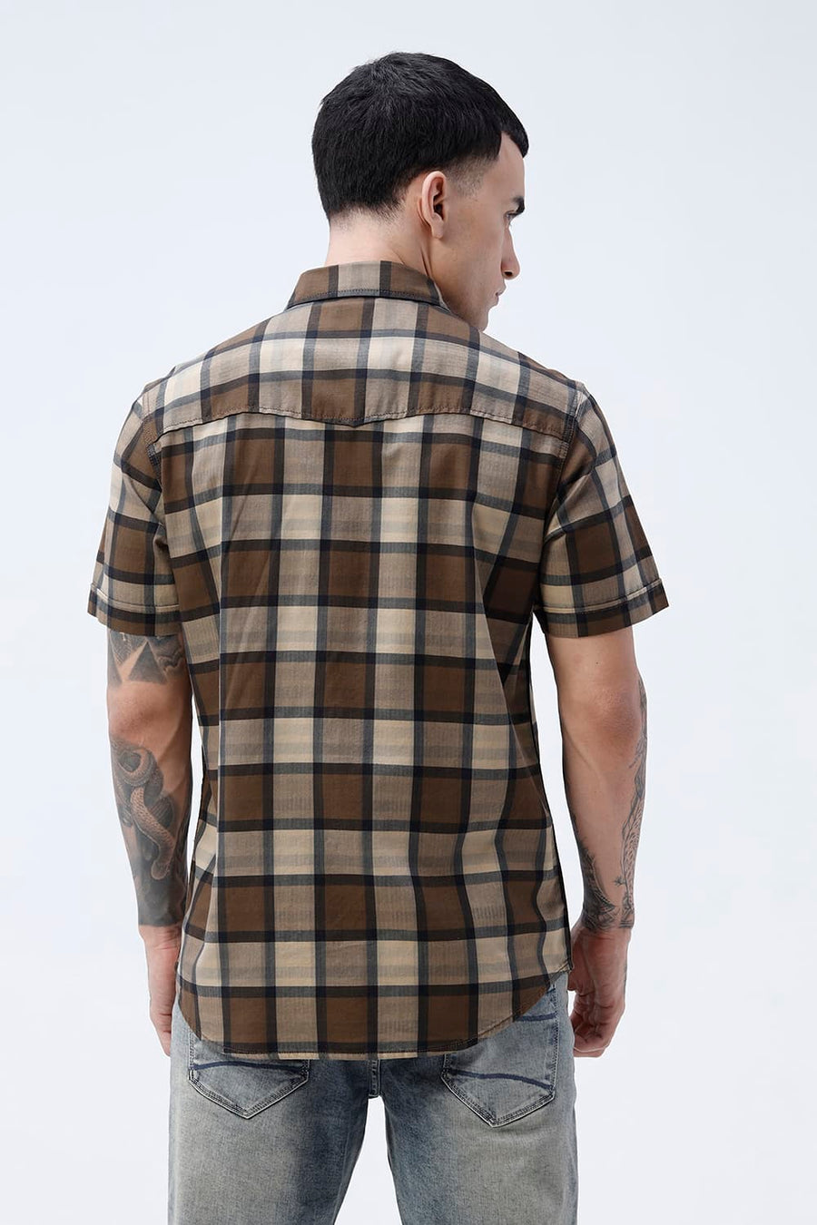 BASICS SLIM FIT  COTTON HERRING BONE CHECKS HALFSLEEVES SHIRT