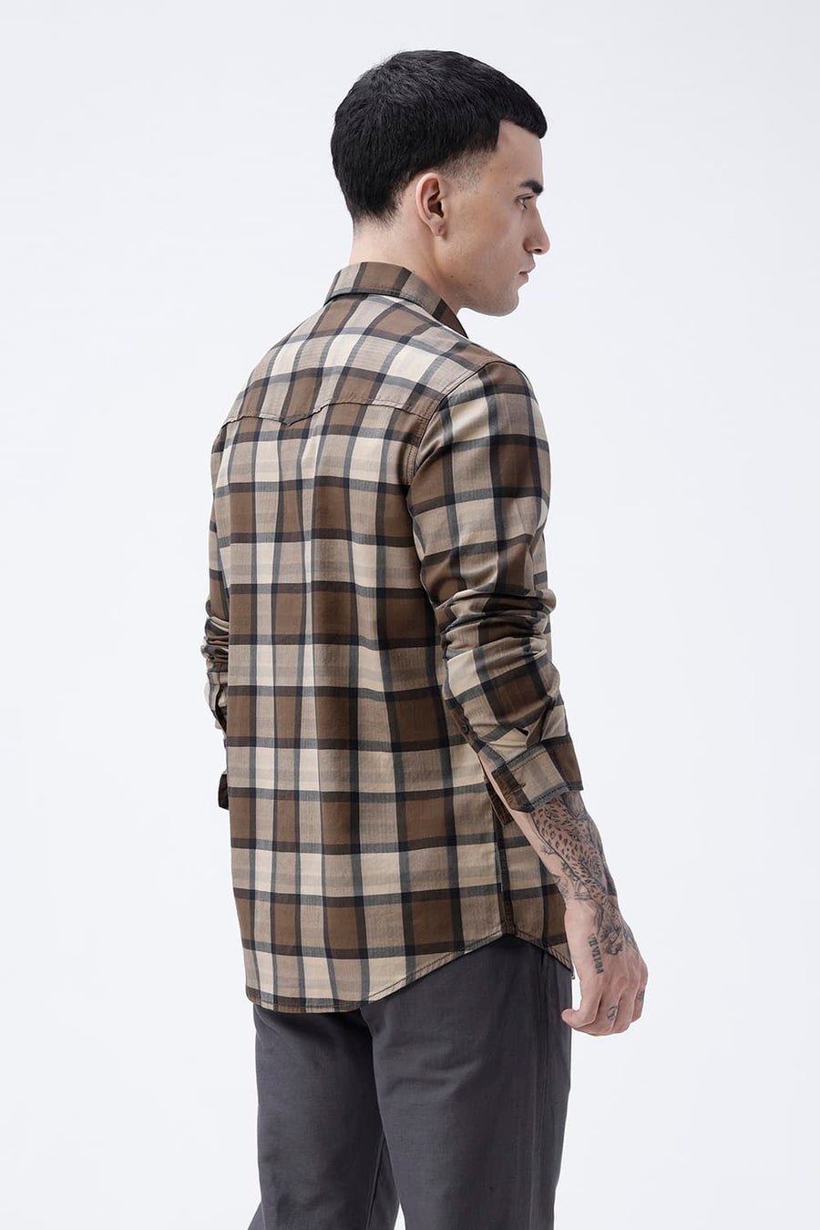 BASICS SLIM FIT  COTTON HERRING BONE CHECKS SHIRT