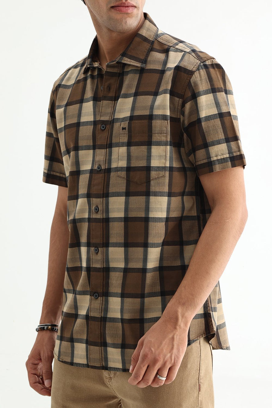 BASICS SLIM FIT  COTTON HERRING BONE CHECKS SHIRT