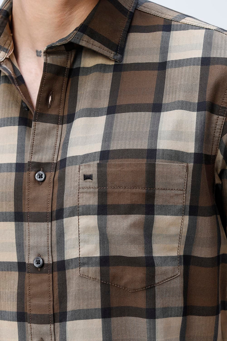 BASICS SLIM FIT  COTTON HERRING BONE CHECKS HALFSLEEVES SHIRT