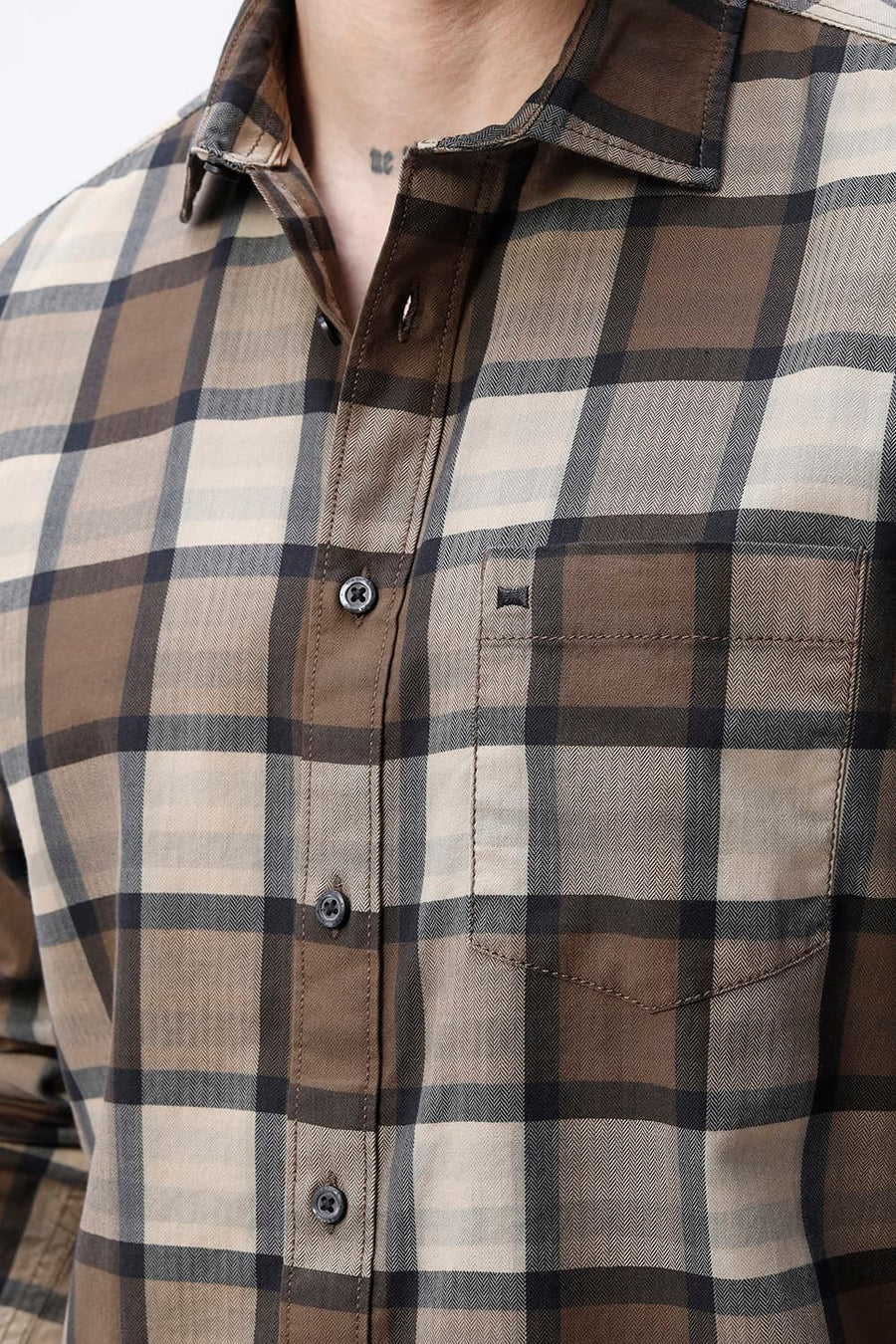 BASICS SLIM FIT  COTTON HERRING BONE CHECKS SHIRT