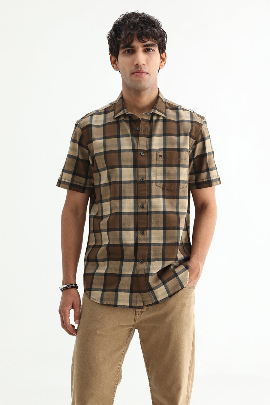 BASICS SLIM FIT  COTTON HERRING BONE CHECKS SHIRT