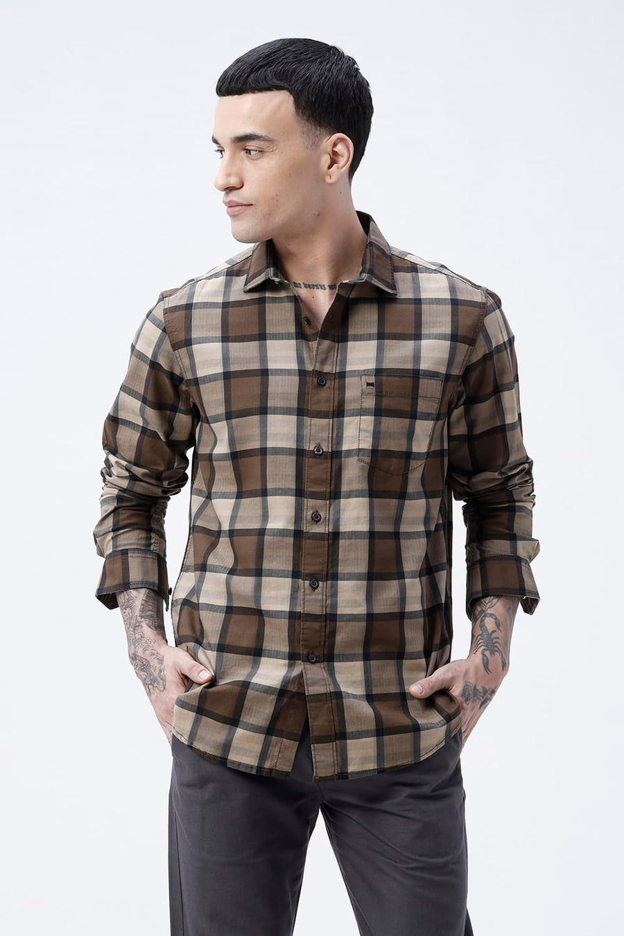 BASICS SLIM FIT  COTTON HERRING BONE CHECKS SHIRT