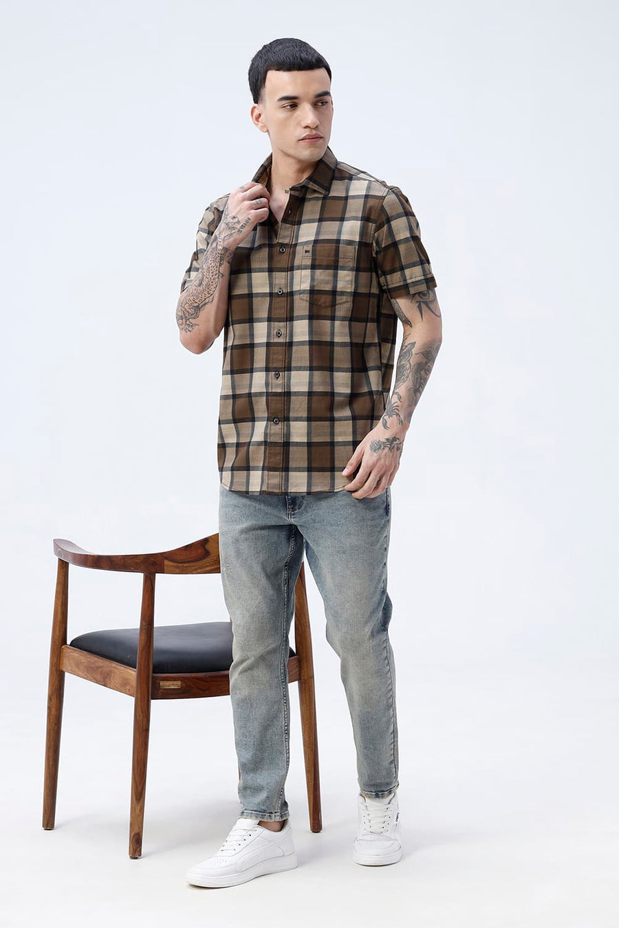 BASICS SLIM FIT  COTTON HERRING BONE CHECKS HALFSLEEVES SHIRT