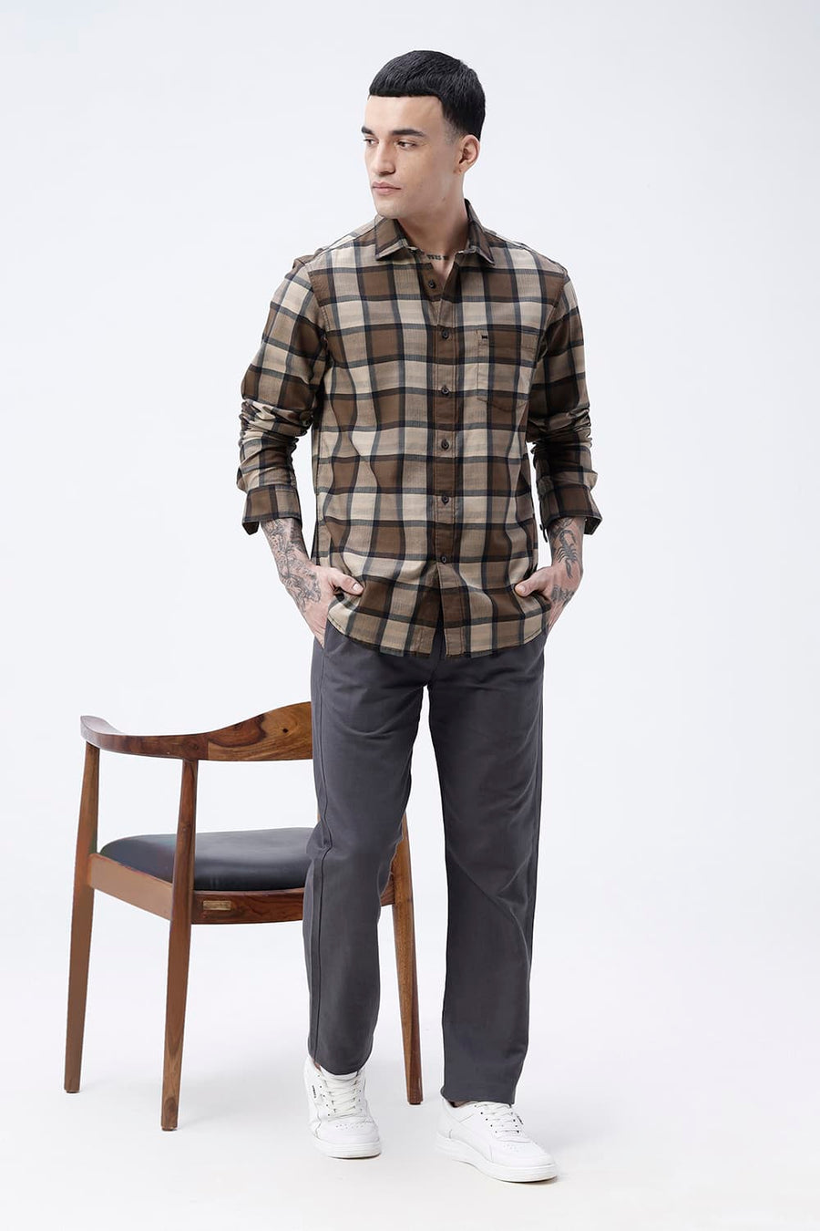 BASICS SLIM FIT  COTTON HERRING BONE CHECKS SHIRT