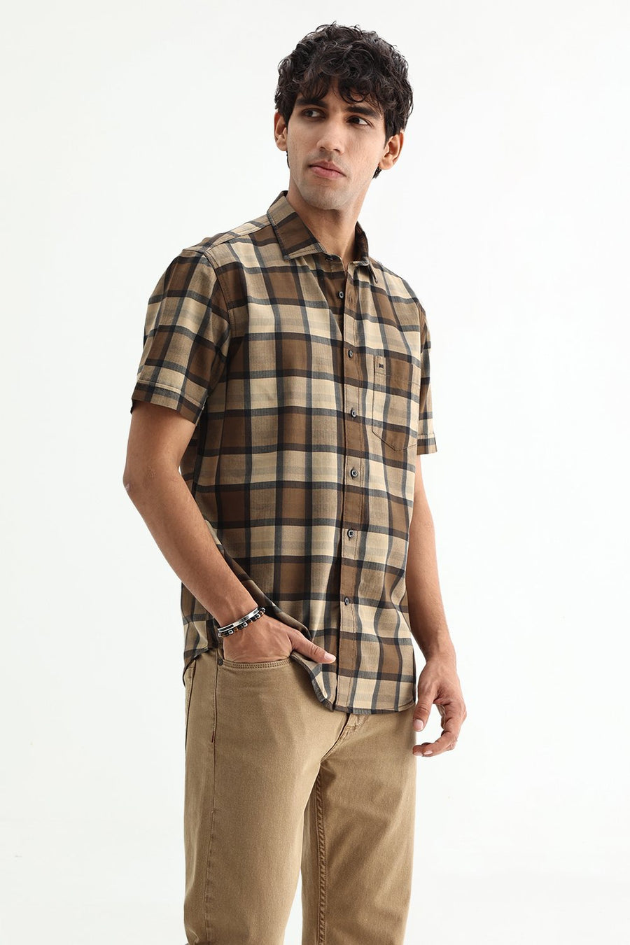 BASICS SLIM FIT  COTTON HERRING BONE CHECKS SHIRT