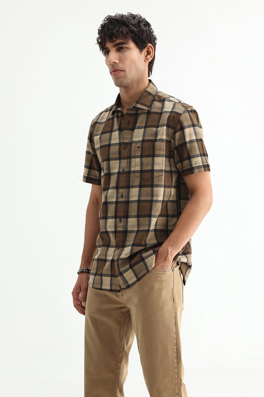 BASICS SLIM FIT  COTTON HERRING BONE CHECKS SHIRT