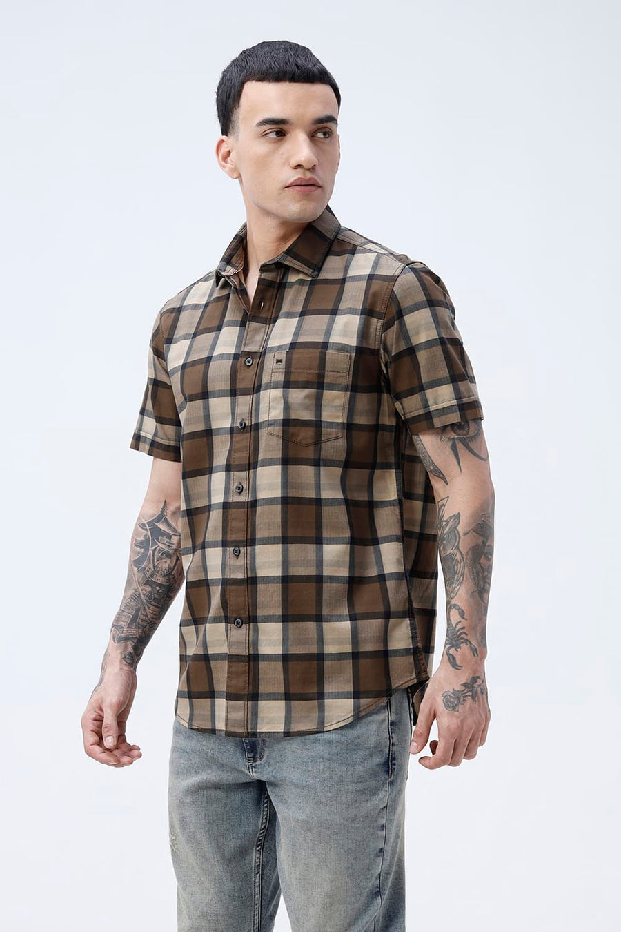 BASICS SLIM FIT  COTTON HERRING BONE CHECKS HALFSLEEVES SHIRT