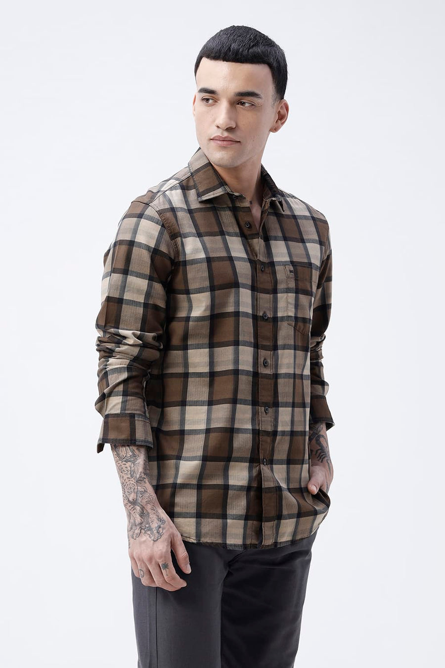 BASICS SLIM FIT  COTTON HERRING BONE CHECKS SHIRT