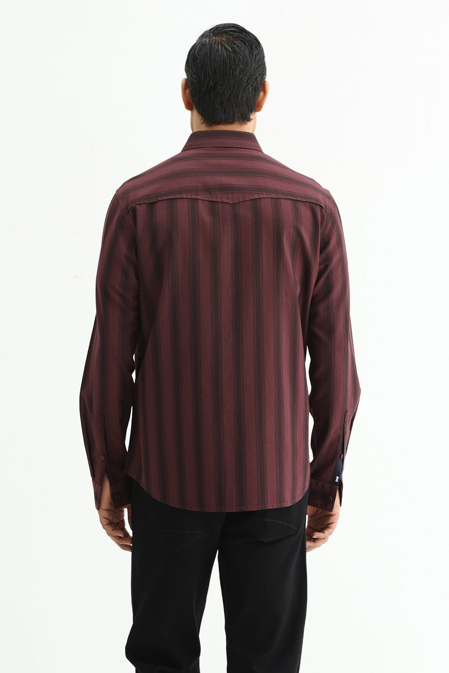 BASICS SLIM FIT MAROON MAHOGANY COTTON HERRING BONE STRIPE SHIRT