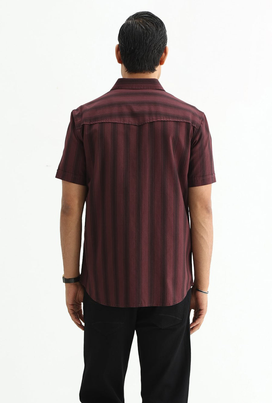 BASICS SLIM FIT MAROON MAHOGANY COTTON HERRING BONE STRIPE HALFSLEEVES SHIRT