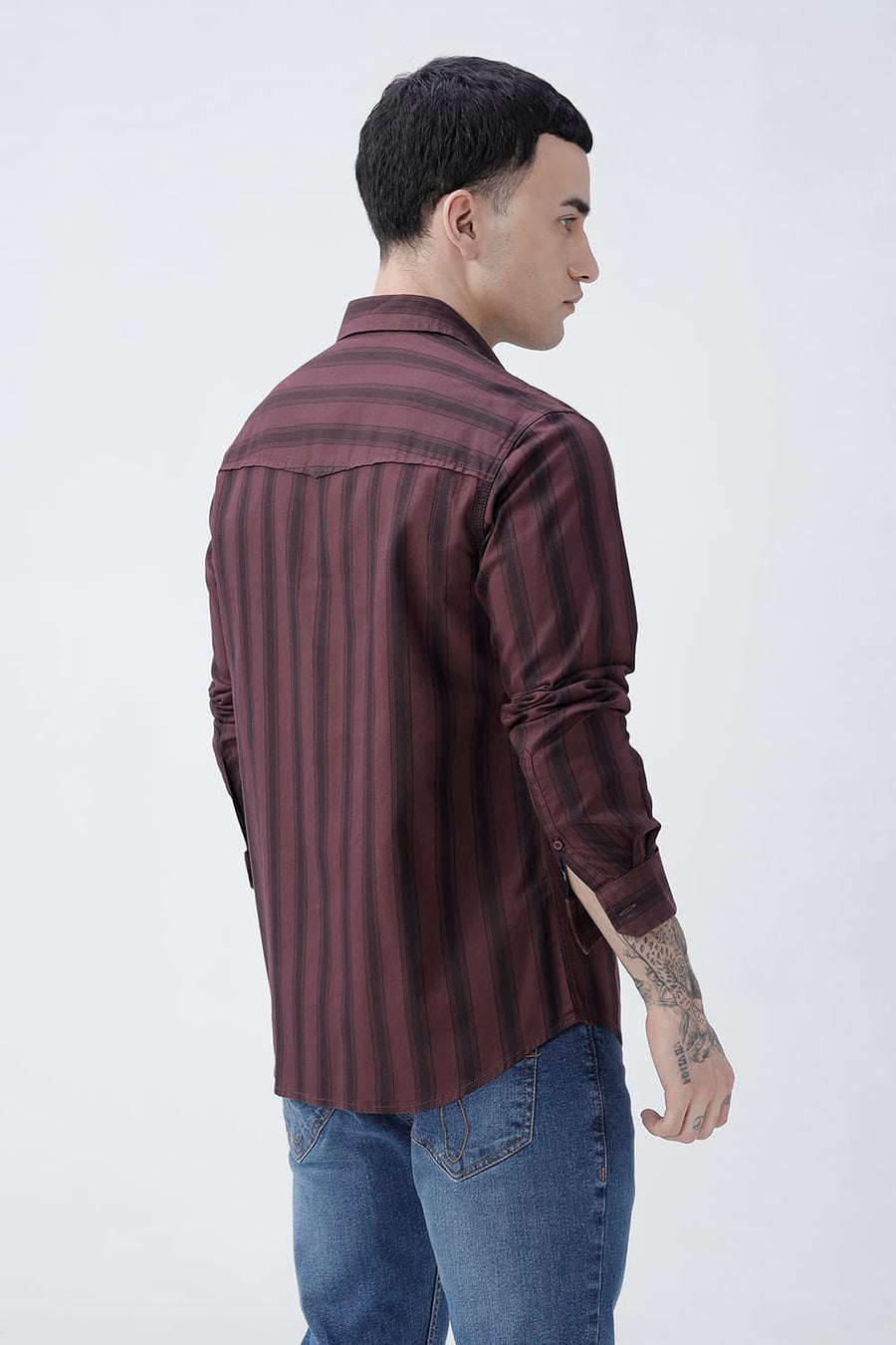 BASICS SLIM FIT MAROON MAHOGANY COTTON HERRING BONE STRIPE SHIRT