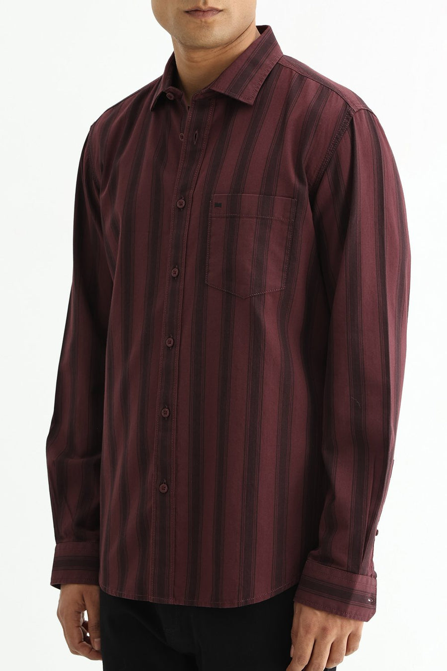 BASICS SLIM FIT MAROON MAHOGANY COTTON HERRING BONE STRIPE SHIRT