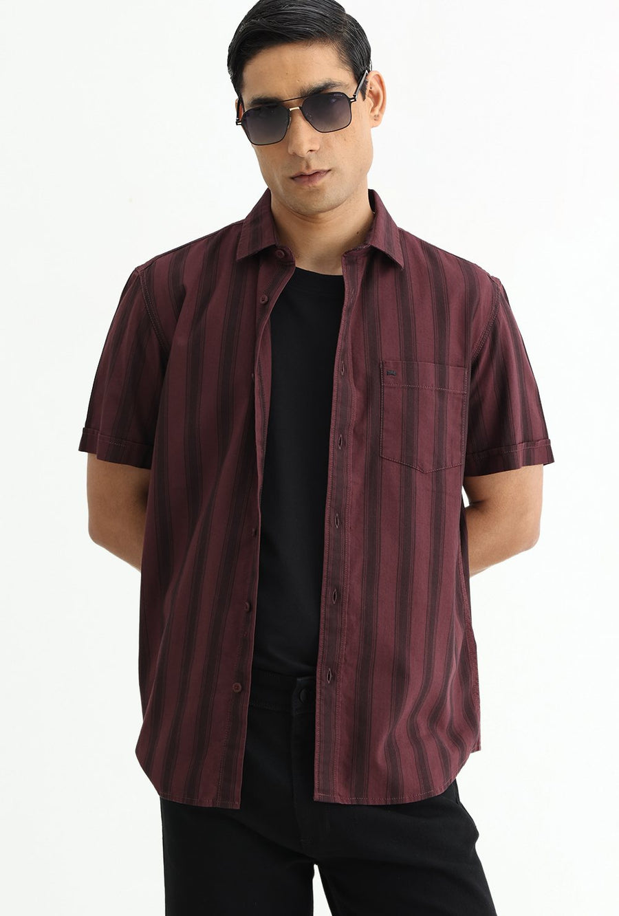 BASICS SLIM FIT MAROON MAHOGANY COTTON HERRING BONE STRIPE HALFSLEEVES SHIRT