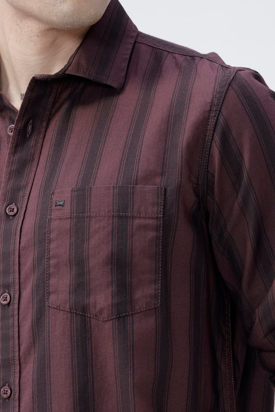 BASICS SLIM FIT MAROON MAHOGANY COTTON HERRING BONE STRIPE SHIRT