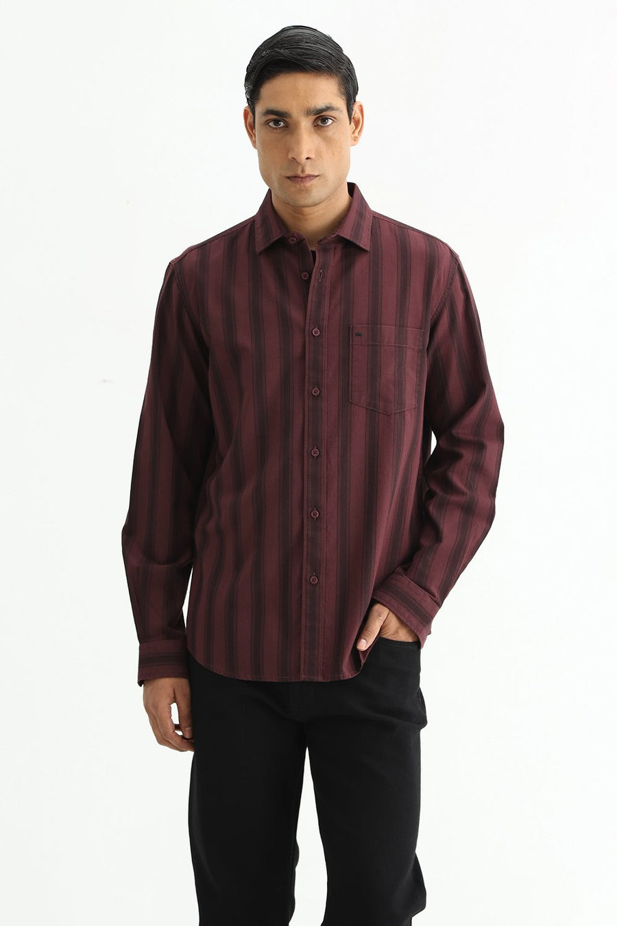 BASICS SLIM FIT MAROON MAHOGANY COTTON HERRING BONE STRIPE SHIRT