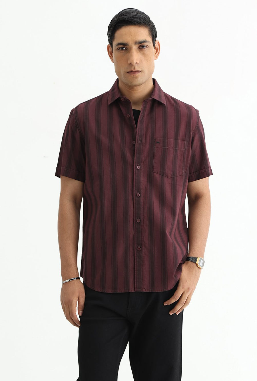 BASICS SLIM FIT MAROON MAHOGANY COTTON HERRING BONE STRIPE HALFSLEEVES SHIRT
