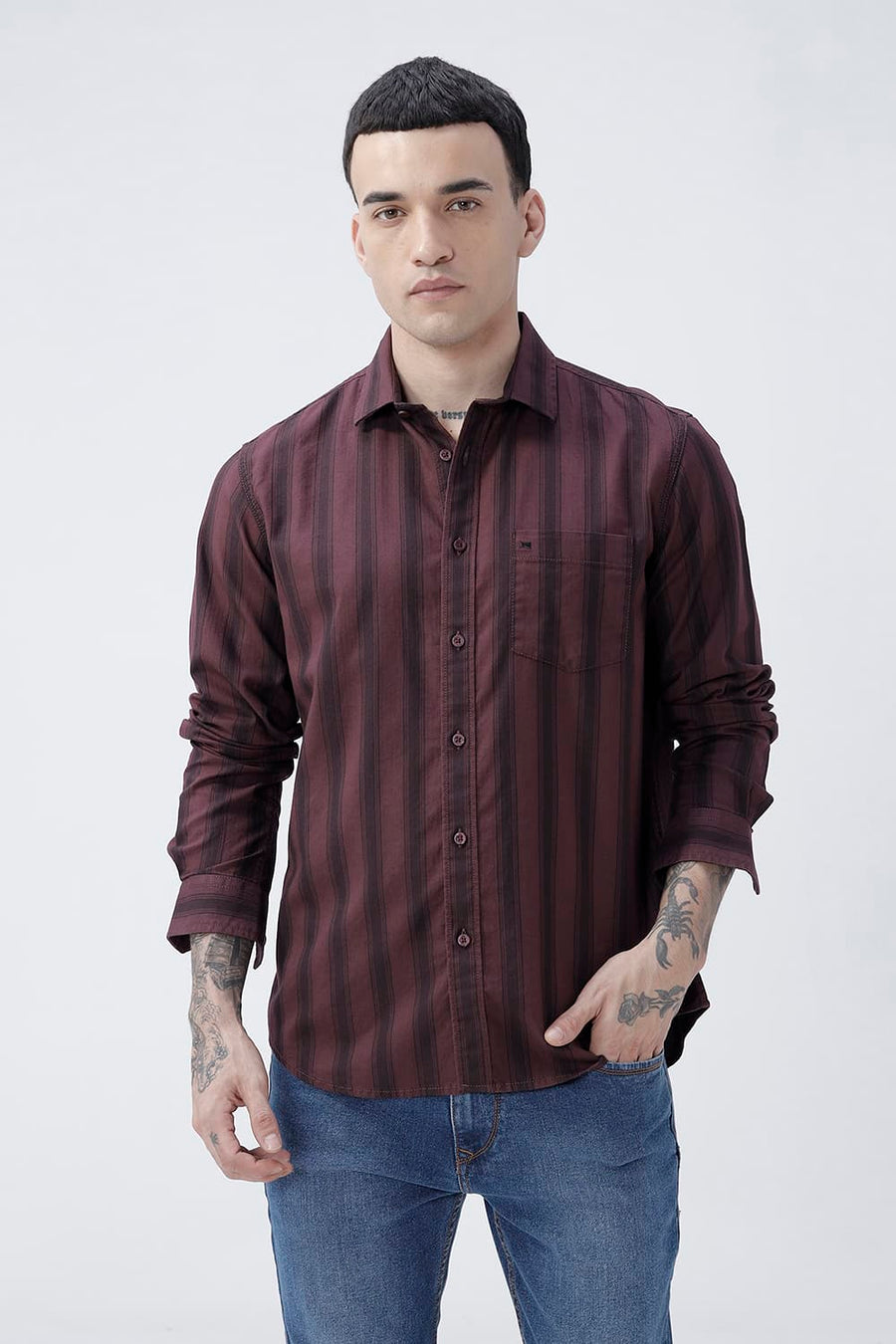 BASICS SLIM FIT MAROON MAHOGANY COTTON HERRING BONE STRIPE SHIRT