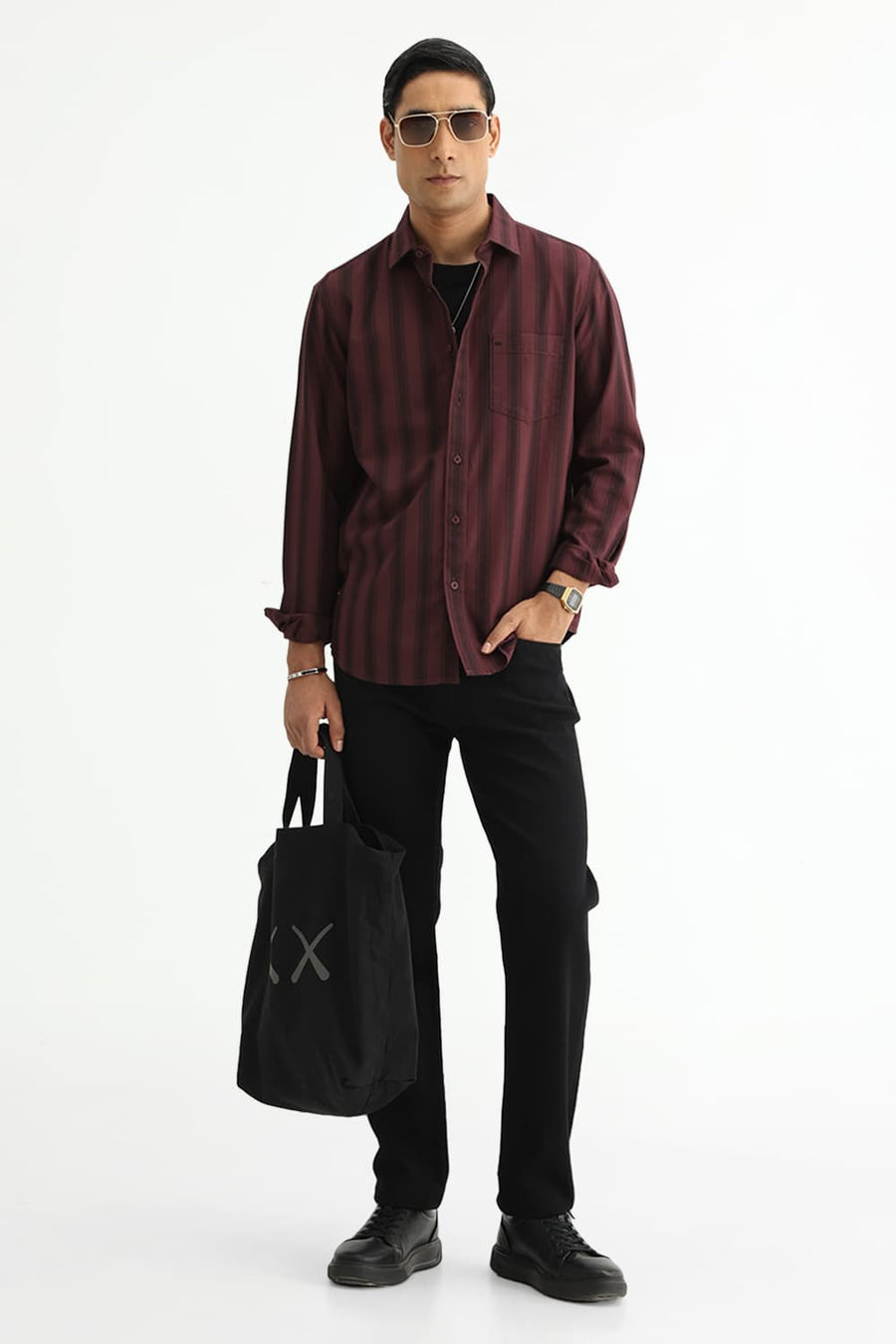 BASICS SLIM FIT MAROON MAHOGANY COTTON HERRING BONE STRIPE SHIRT