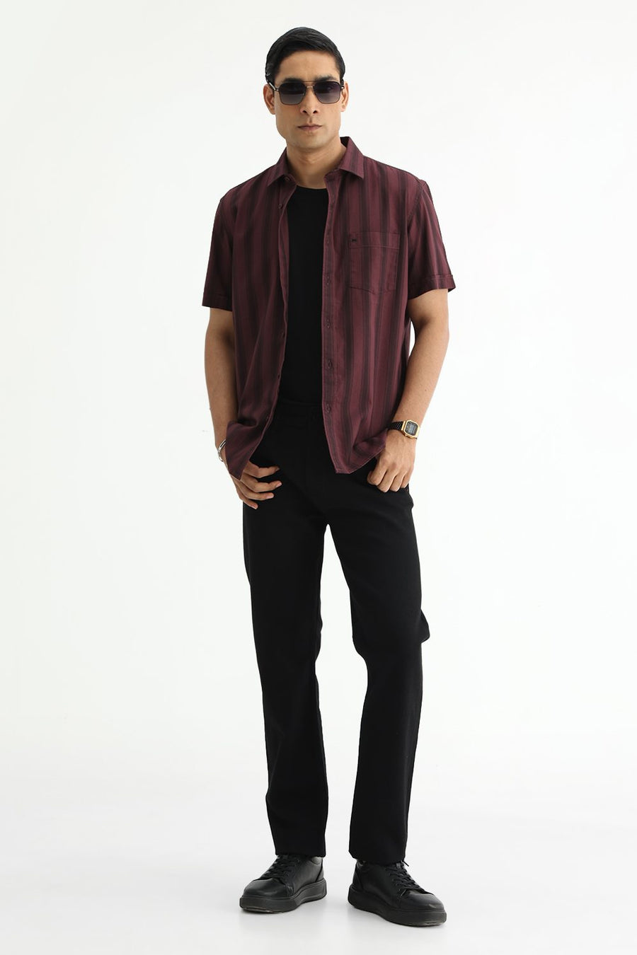 BASICS SLIM FIT MAROON MAHOGANY COTTON HERRING BONE STRIPE HALFSLEEVES SHIRT
