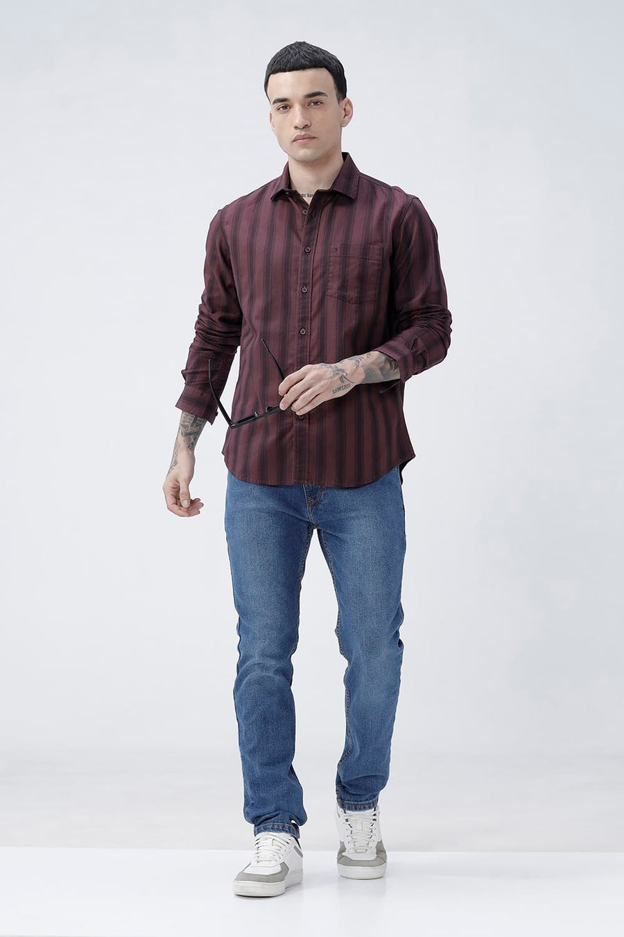 BASICS SLIM FIT MAROON MAHOGANY COTTON HERRING BONE STRIPE SHIRT