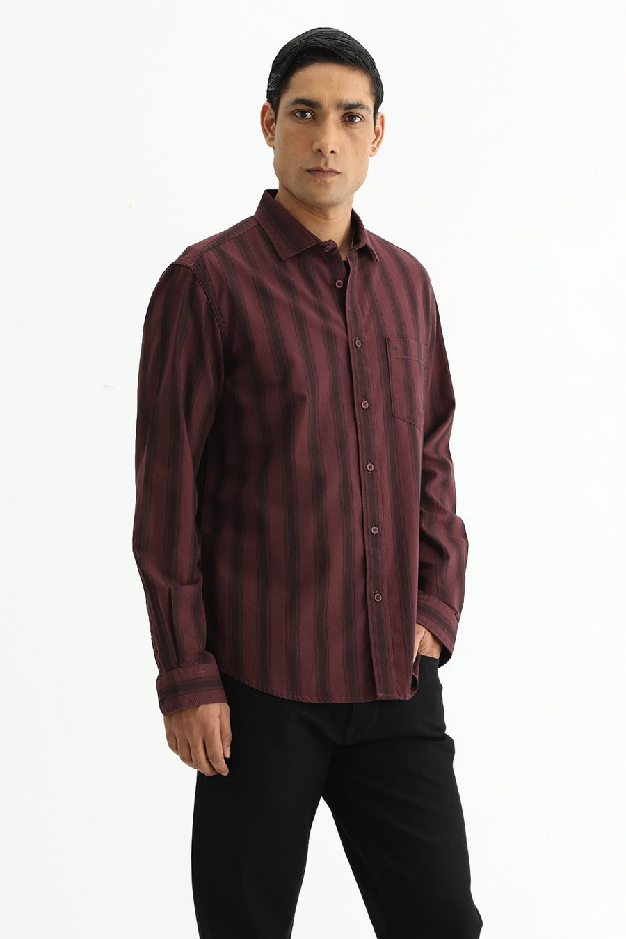 BASICS SLIM FIT MAROON MAHOGANY COTTON HERRING BONE STRIPE SHIRT
