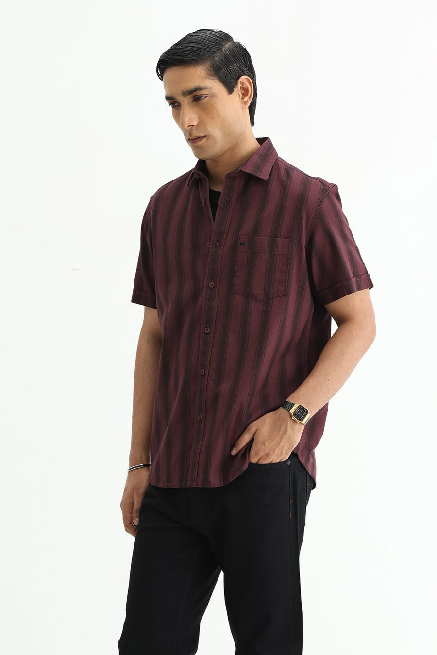 BASICS SLIM FIT MAROON MAHOGANY COTTON HERRING BONE STRIPE HALFSLEEVES SHIRT