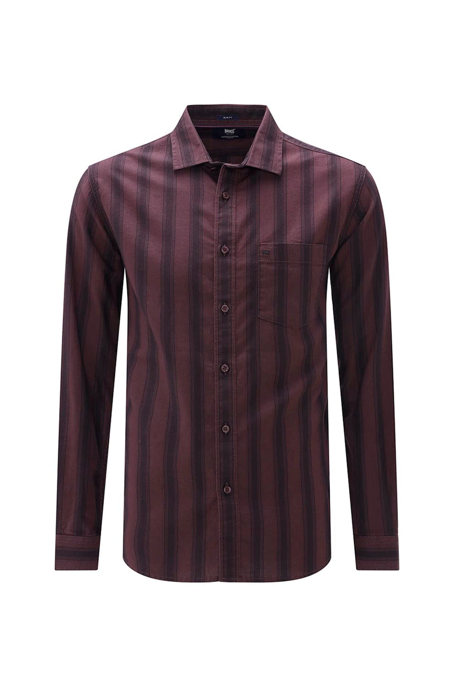 BASICS SLIM FIT MAROON MAHOGANY COTTON HERRING BONE STRIPE SHIRT