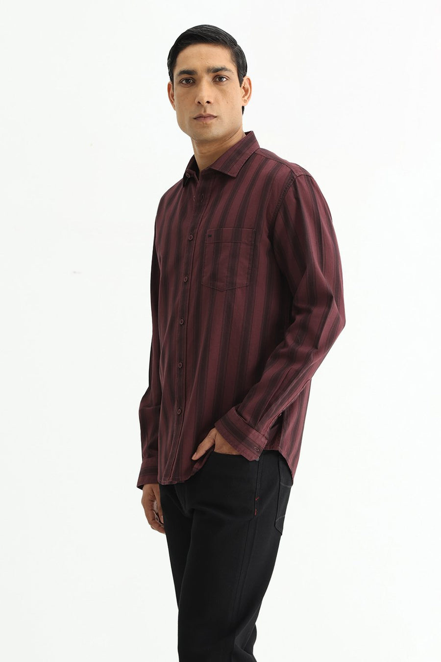 BASICS SLIM FIT MAROON MAHOGANY COTTON HERRING BONE STRIPE SHIRT