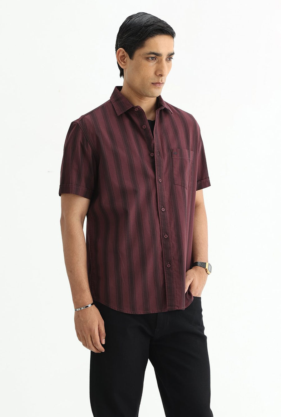 BASICS SLIM FIT MAROON MAHOGANY COTTON HERRING BONE STRIPE HALFSLEEVES SHIRT