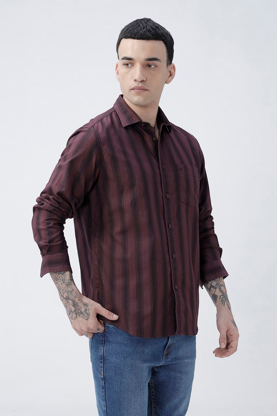 BASICS SLIM FIT MAROON MAHOGANY COTTON HERRING BONE STRIPE SHIRT