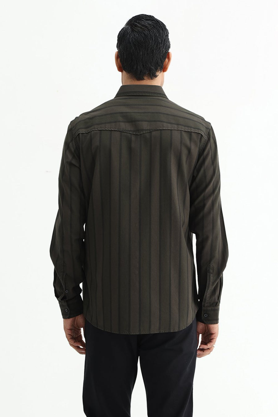 BASICS SLIM FIT OLIVE GREEN COTTON HERRING BONE STRIPE SHIRT