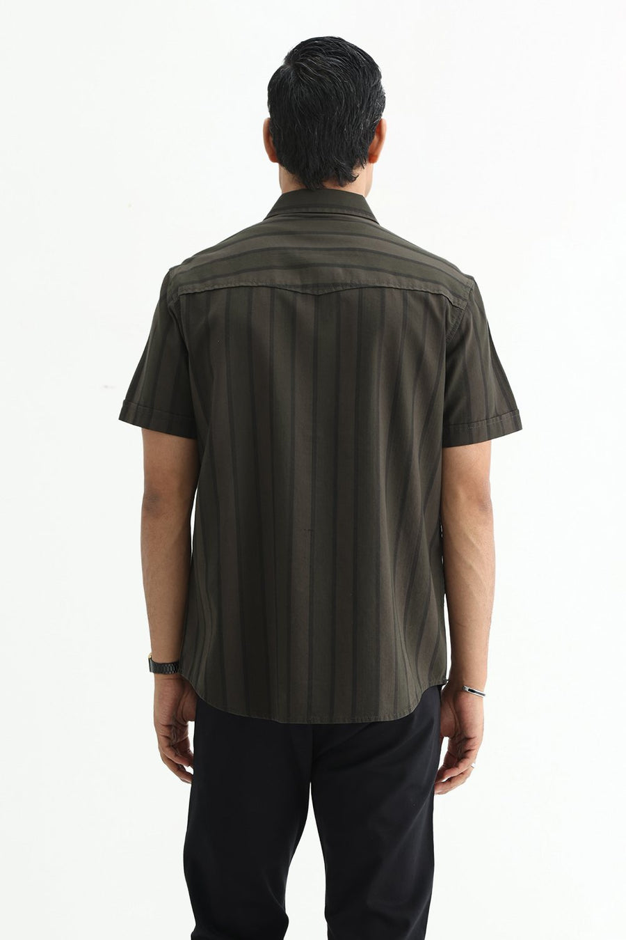 BASICS SLIM FIT OLIVE GREEN COTTON HERRING BONE STRIPE HALFSLEEVES SHIRT