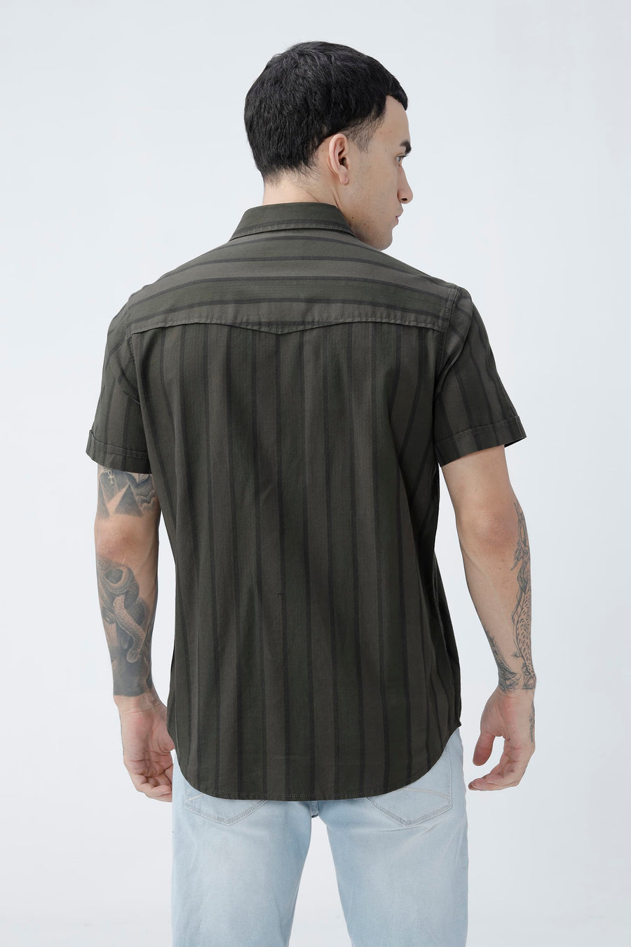BASICS SLIM FIT OLIVE GREEN COTTON HERRING BONE STRIPE HALFSLEEVES SHIRT