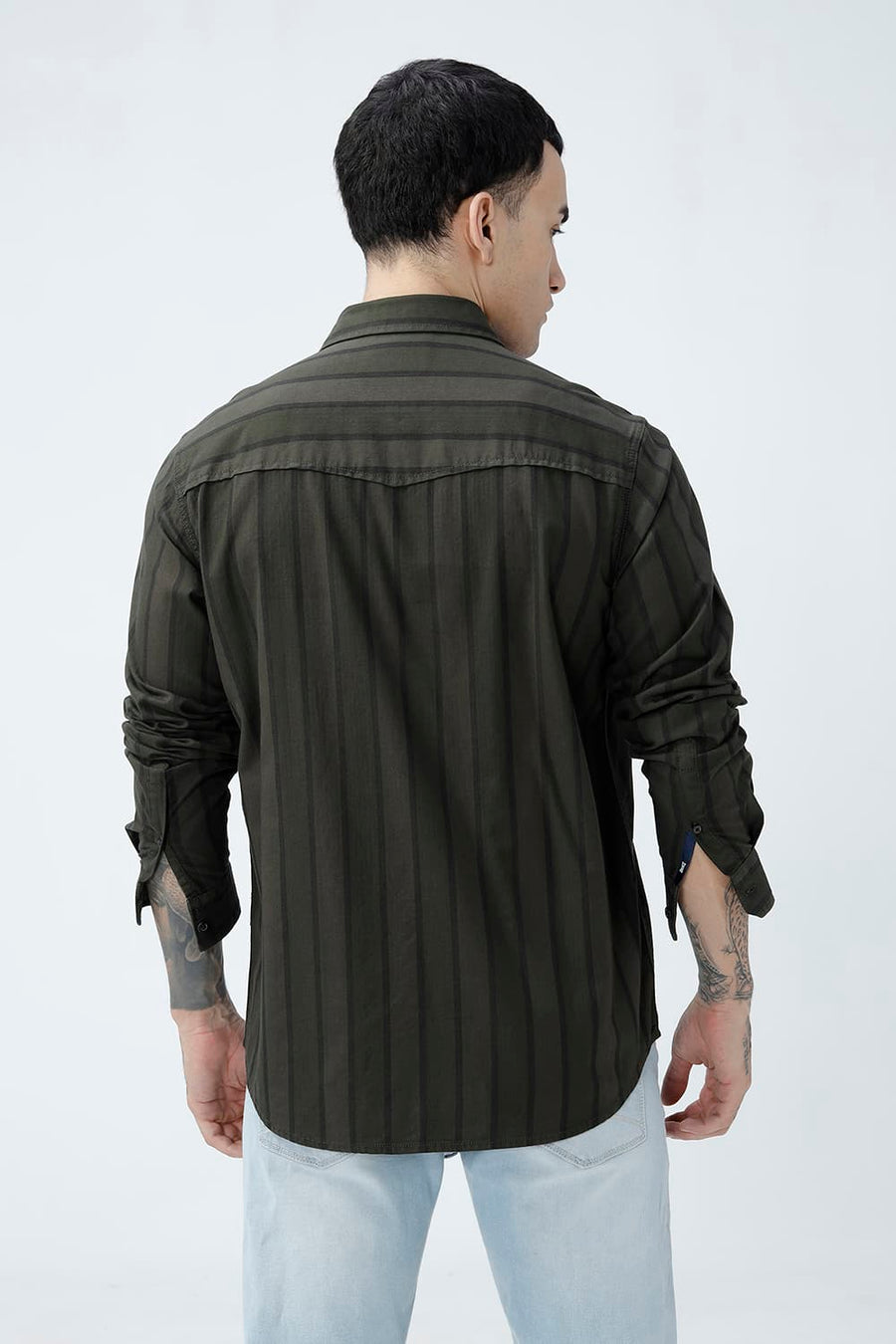 BASICS SLIM FIT OLIVE GREEN COTTON HERRING BONE STRIPE SHIRT