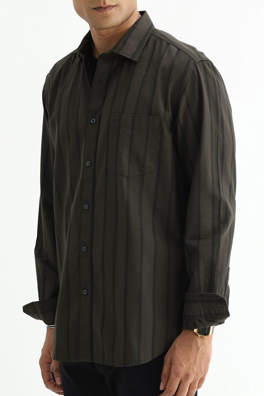 BASICS SLIM FIT OLIVE GREEN COTTON HERRING BONE STRIPE SHIRT