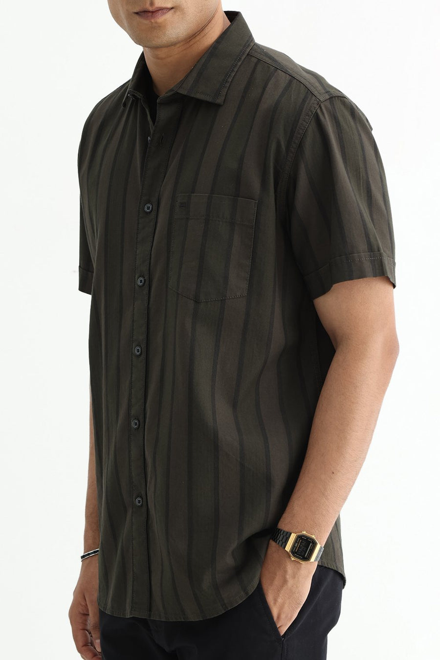 BASICS SLIM FIT OLIVE GREEN COTTON HERRING BONE STRIPE HALFSLEEVES SHIRT