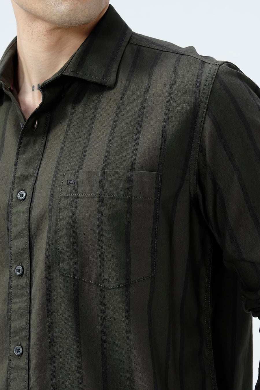 BASICS SLIM FIT OLIVE GREEN COTTON HERRING BONE STRIPE SHIRT