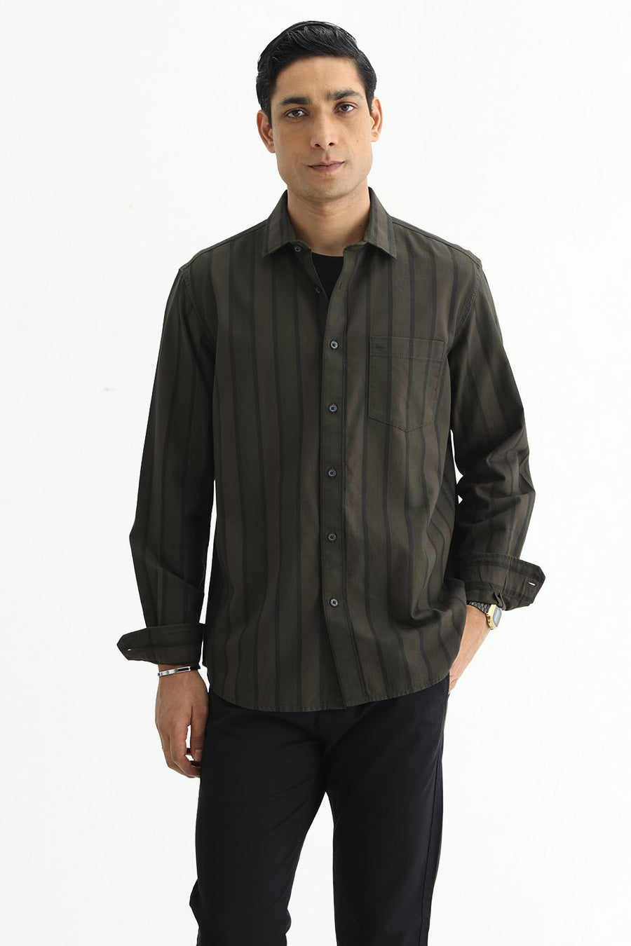 BASICS SLIM FIT OLIVE GREEN COTTON HERRING BONE STRIPE SHIRT