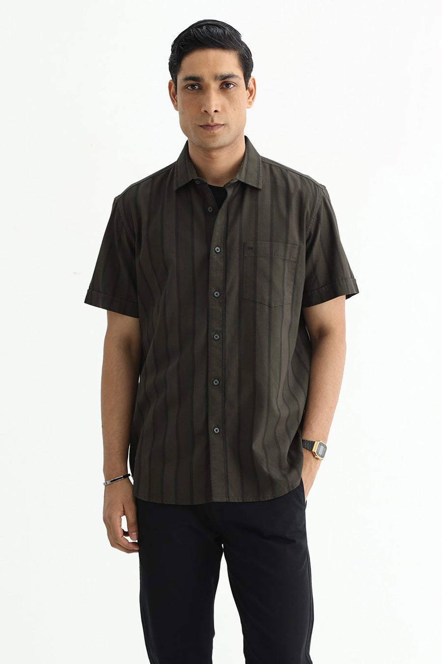 BASICS SLIM FIT OLIVE GREEN COTTON HERRING BONE STRIPE HALFSLEEVES SHIRT
