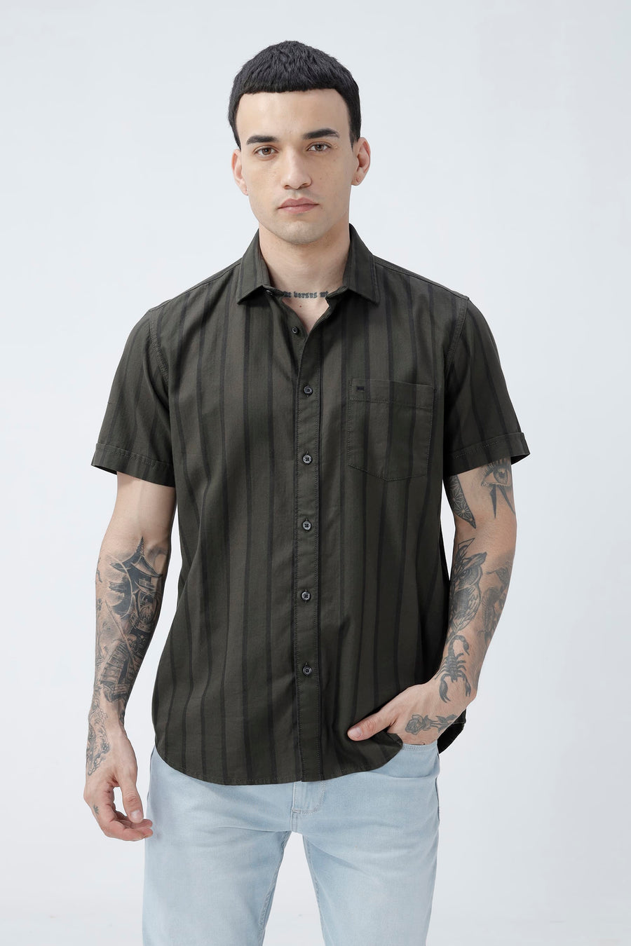 BASICS SLIM FIT OLIVE GREEN COTTON HERRING BONE STRIPE HALFSLEEVES SHIRT