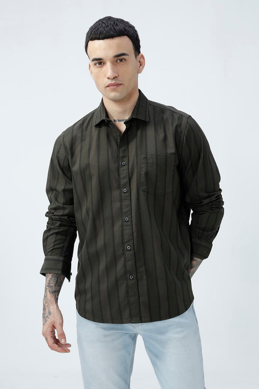 BASICS SLIM FIT OLIVE GREEN COTTON HERRING BONE STRIPE SHIRT