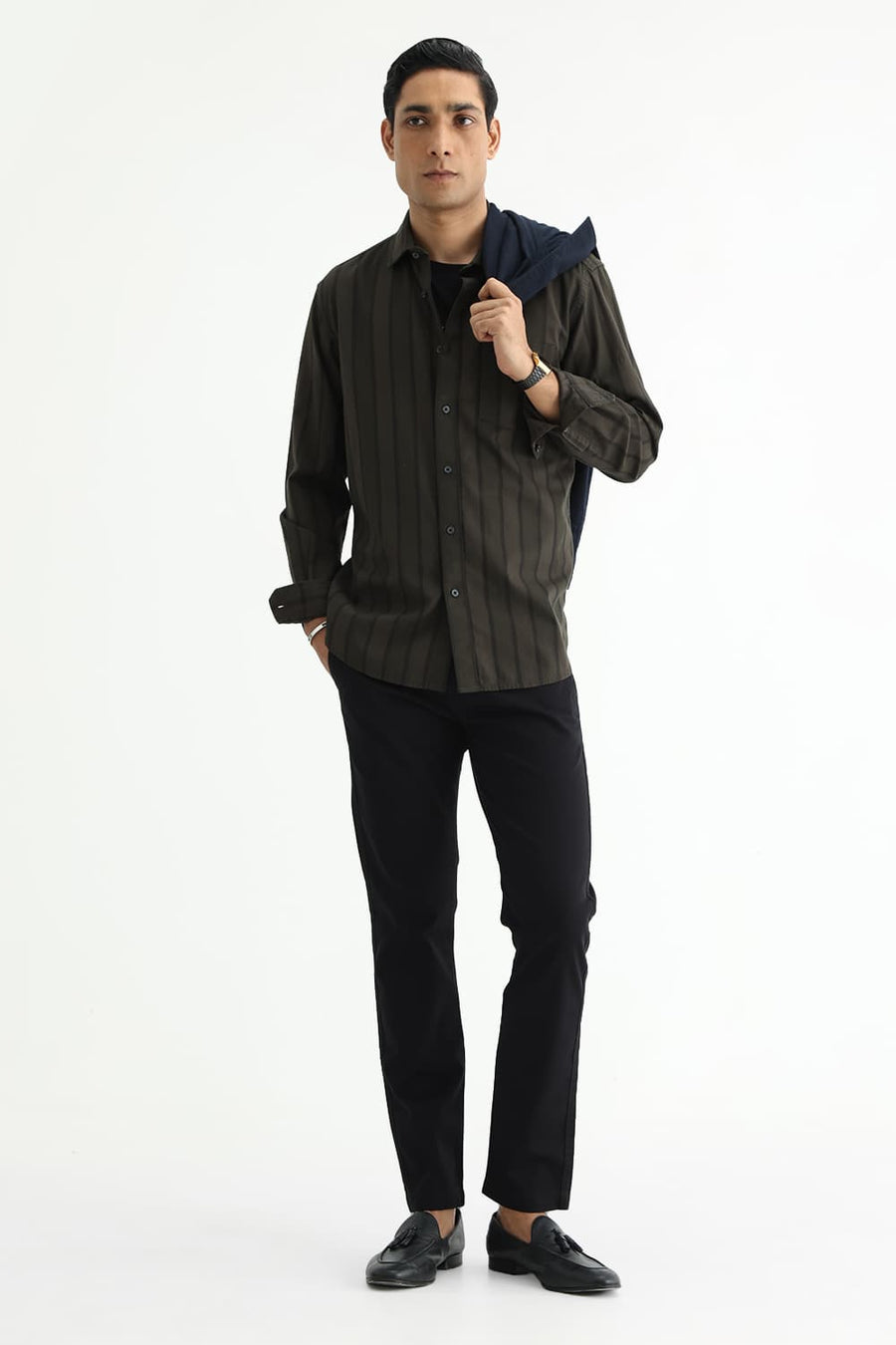 BASICS SLIM FIT OLIVE GREEN COTTON HERRING BONE STRIPE SHIRT