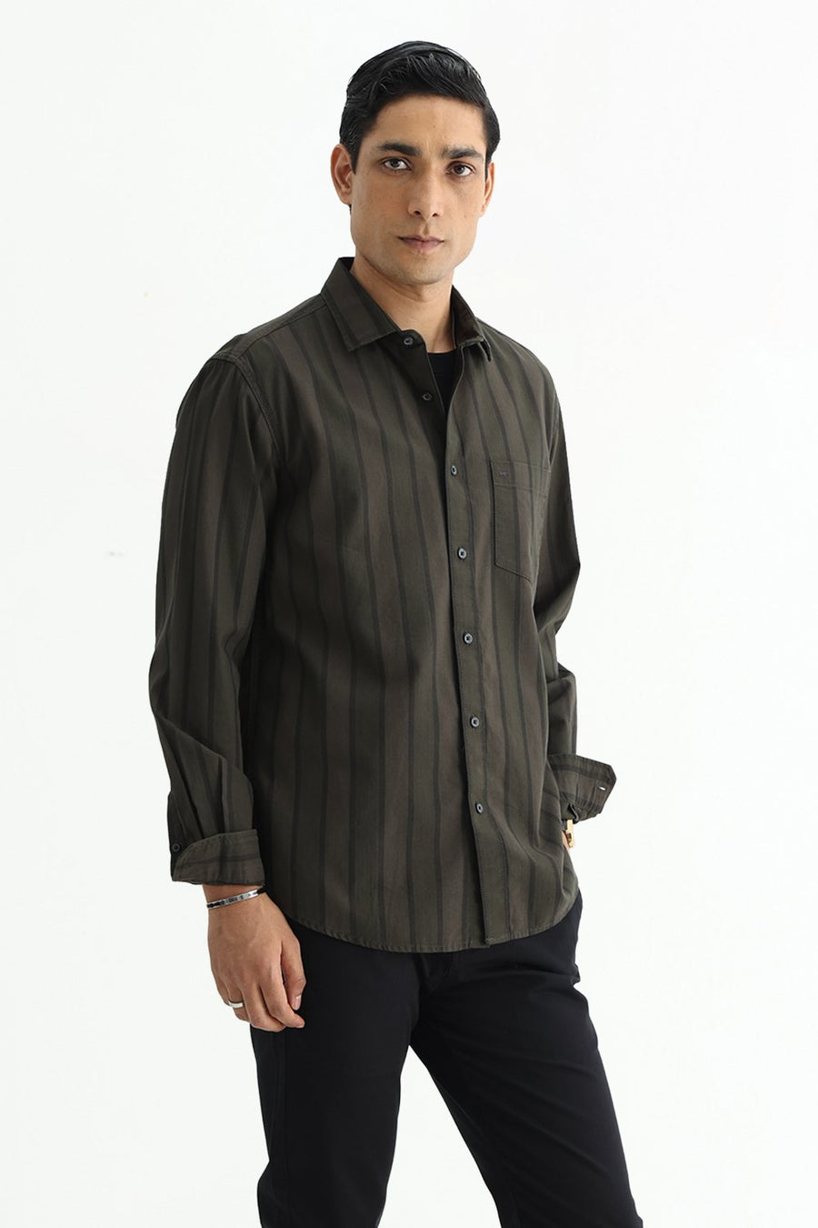 BASICS SLIM FIT OLIVE GREEN COTTON HERRING BONE STRIPE SHIRT