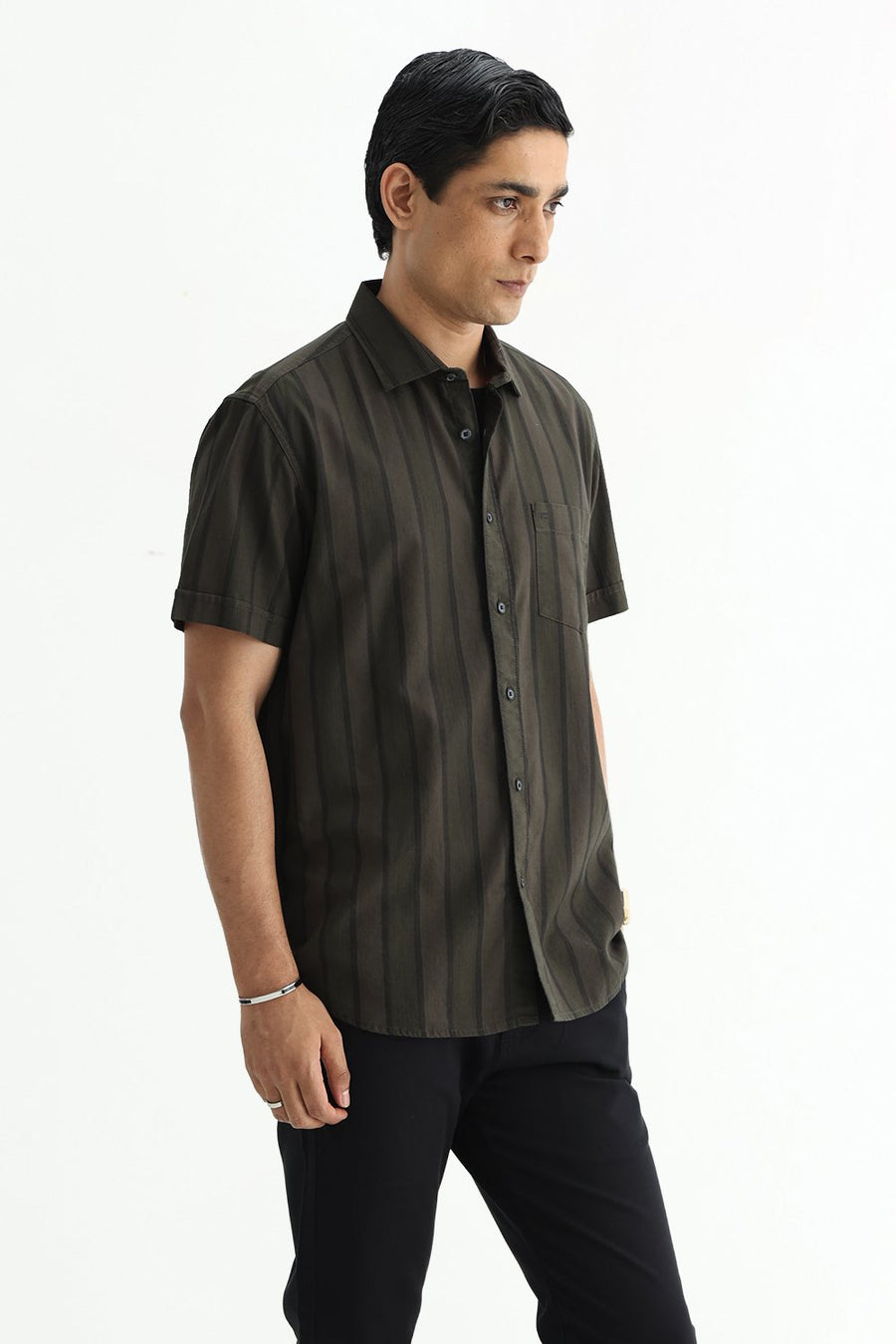 BASICS SLIM FIT OLIVE GREEN COTTON HERRING BONE STRIPE HALFSLEEVES SHIRT