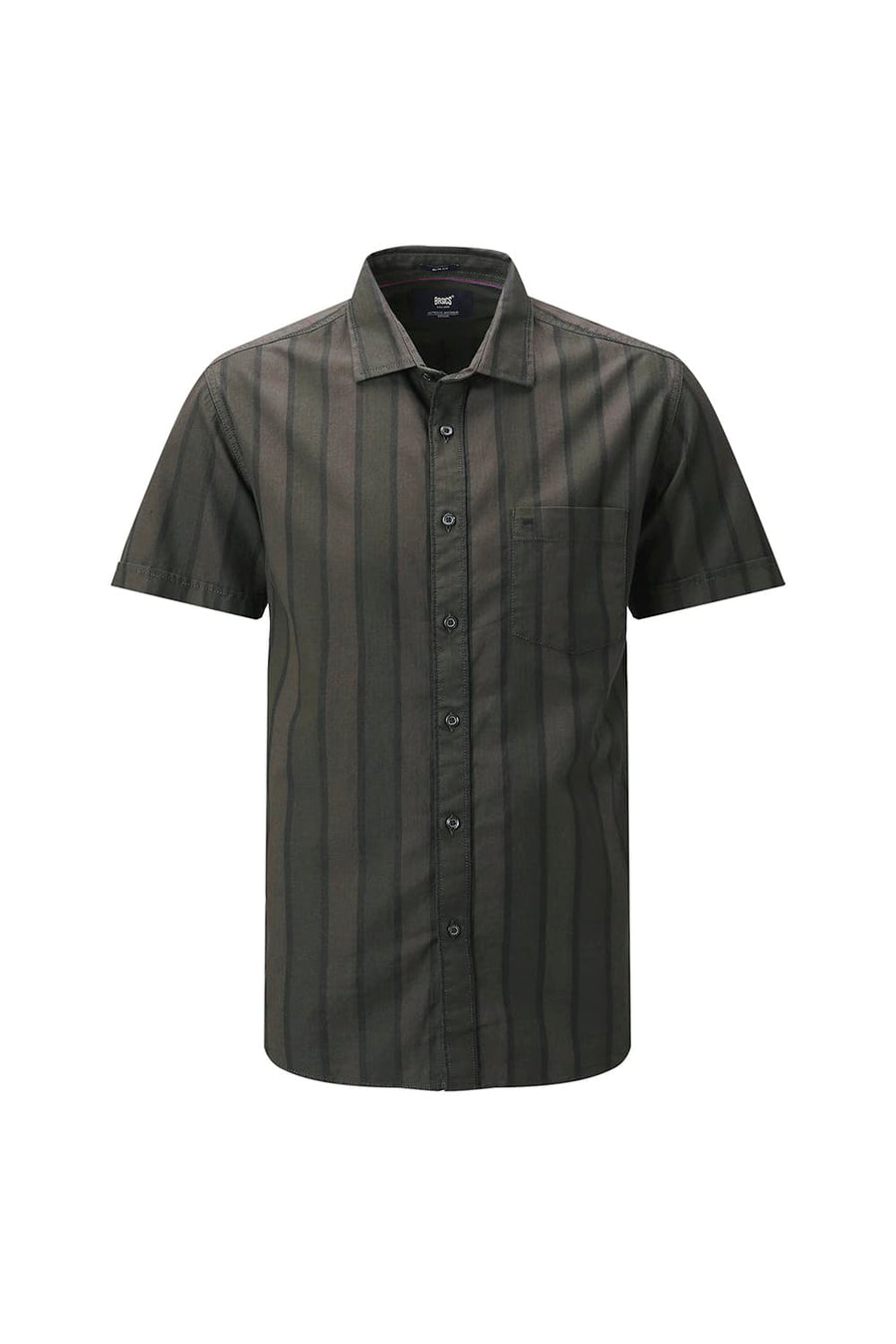 BASICS SLIM FIT OLIVE GREEN COTTON HERRING BONE STRIPE HALFSLEEVES SHIRT