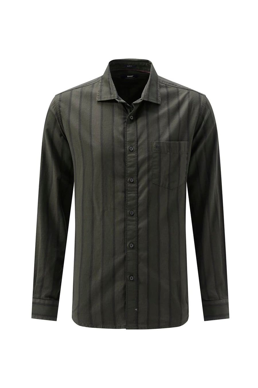 BASICS SLIM FIT OLIVE GREEN COTTON HERRING BONE STRIPE SHIRT