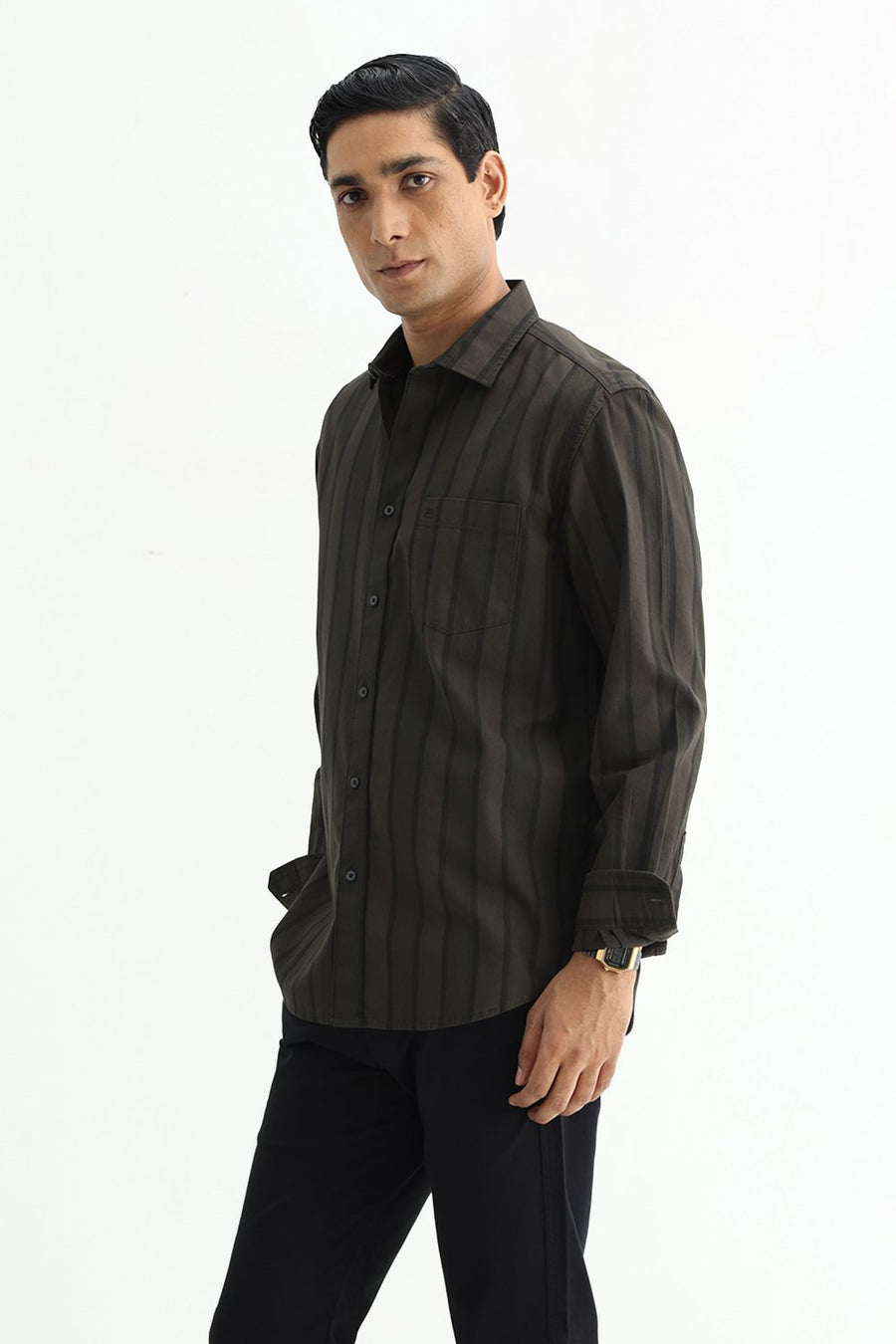 BASICS SLIM FIT OLIVE GREEN COTTON HERRING BONE STRIPE SHIRT