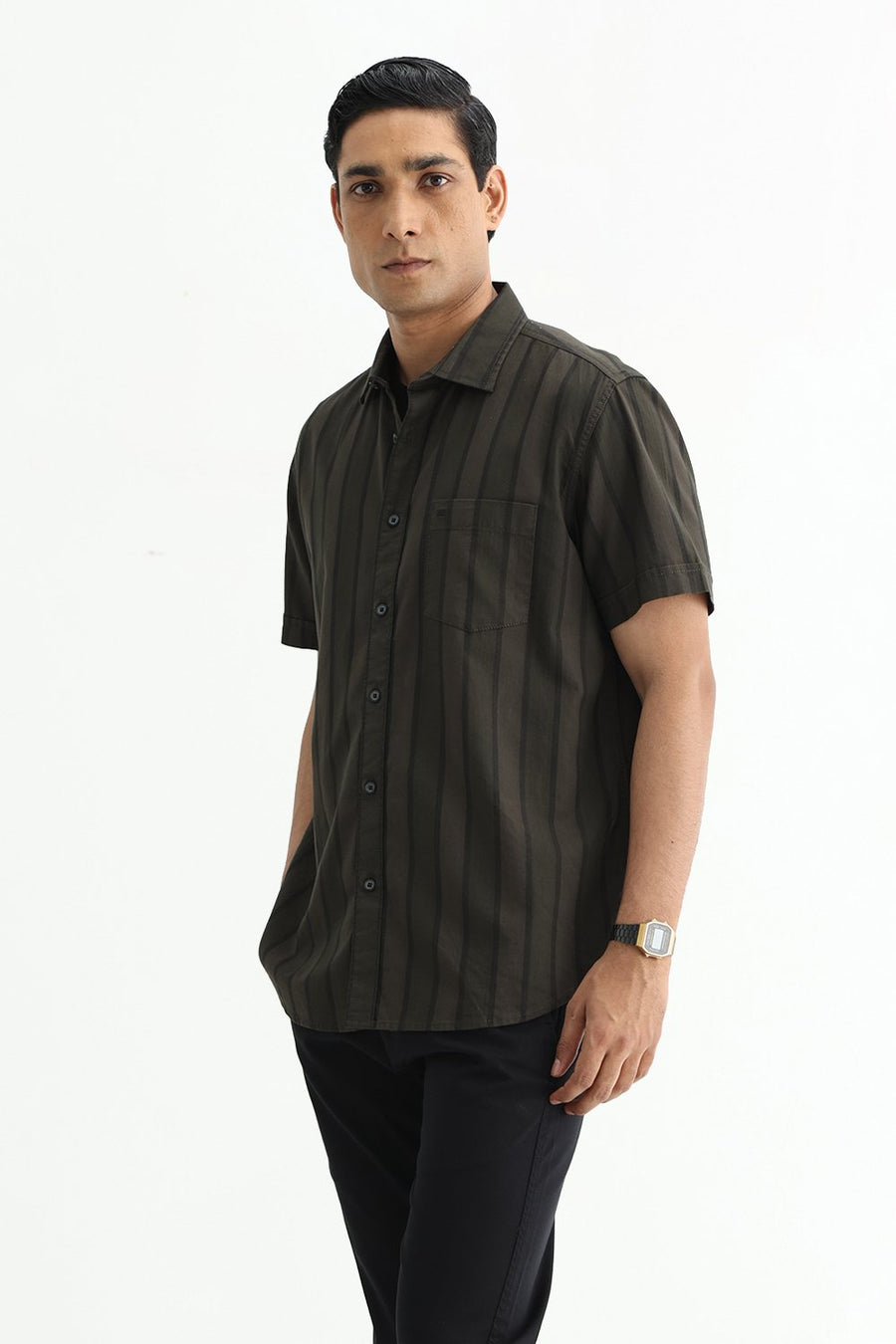 BASICS SLIM FIT OLIVE GREEN COTTON HERRING BONE STRIPE HALFSLEEVES SHIRT